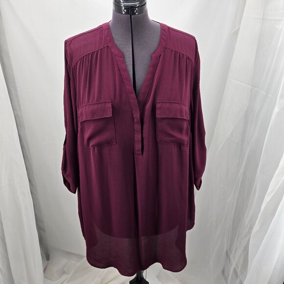810-2 Torrid Purple/Burgandy Harper ¾ sleeve hi-low Tunic Blouse Size 2 18/20 - Picture 1 of 12